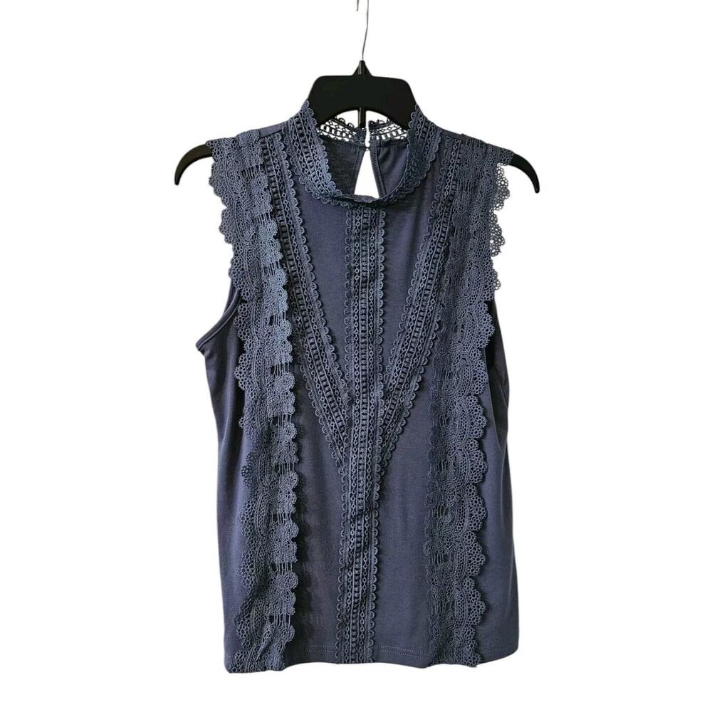 Shein Womens LG Blue Lace Tank Top Lace Band Collar